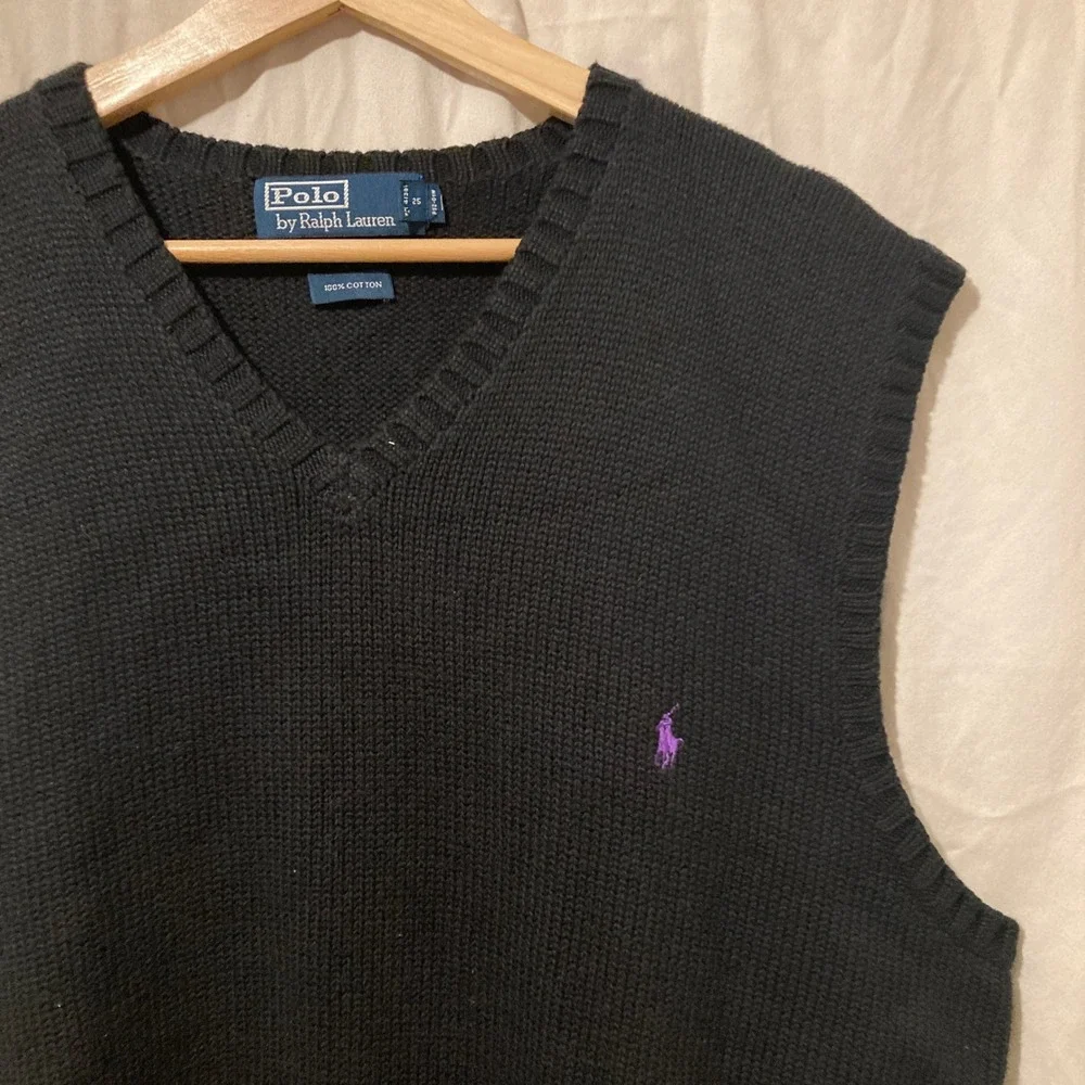 Vintage Polo Ralph Lauren Mens XL Black Cotton V-Neck knit Sweater Vest 90s Pony